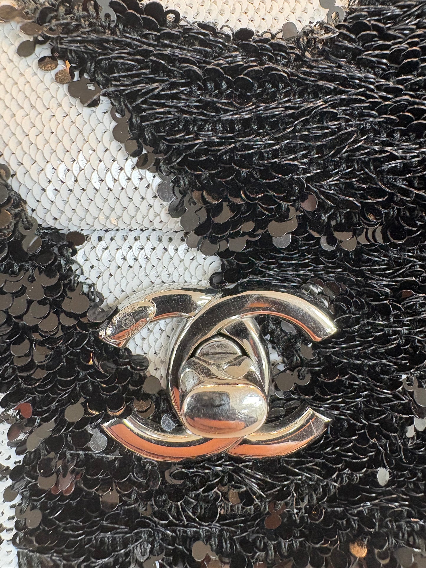 CHANEL Sequins Black and White Ribbon mall flap