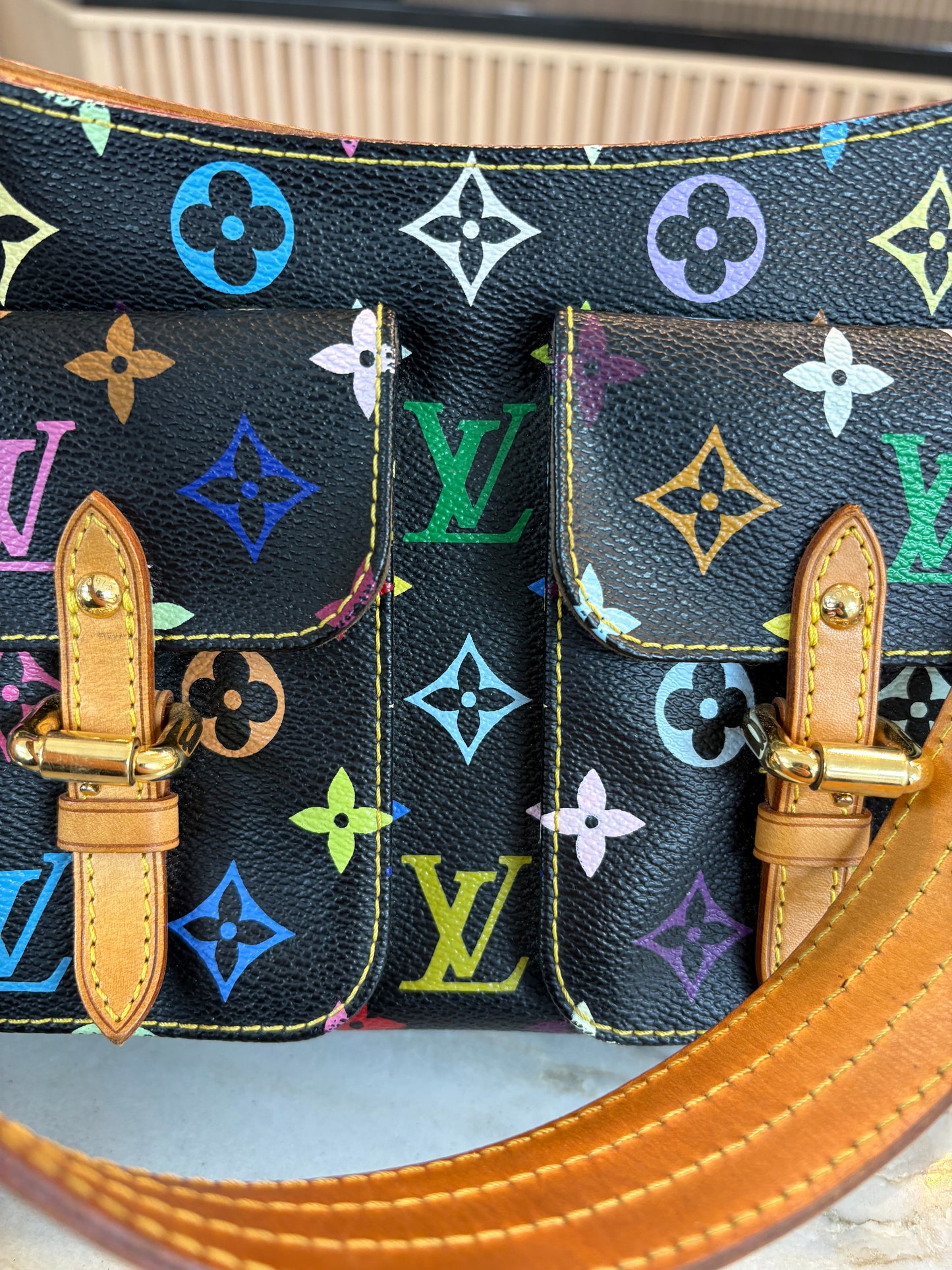LOUIS VUITTON Lodge Shoulder Bag PM Black Canvas Murakami Multicolor Monogram