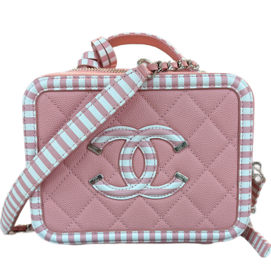 CHANEL Caviar CC Vanity Case Bag Calfskin Quilted Small Filigree Pink White
