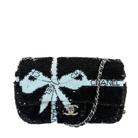 CHANEL Sequins Black and White Ribbon mall flap
