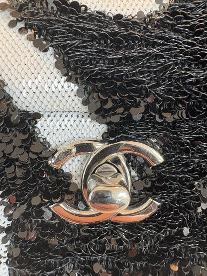 CHANEL Sequins Black and White Ribbon mall flap