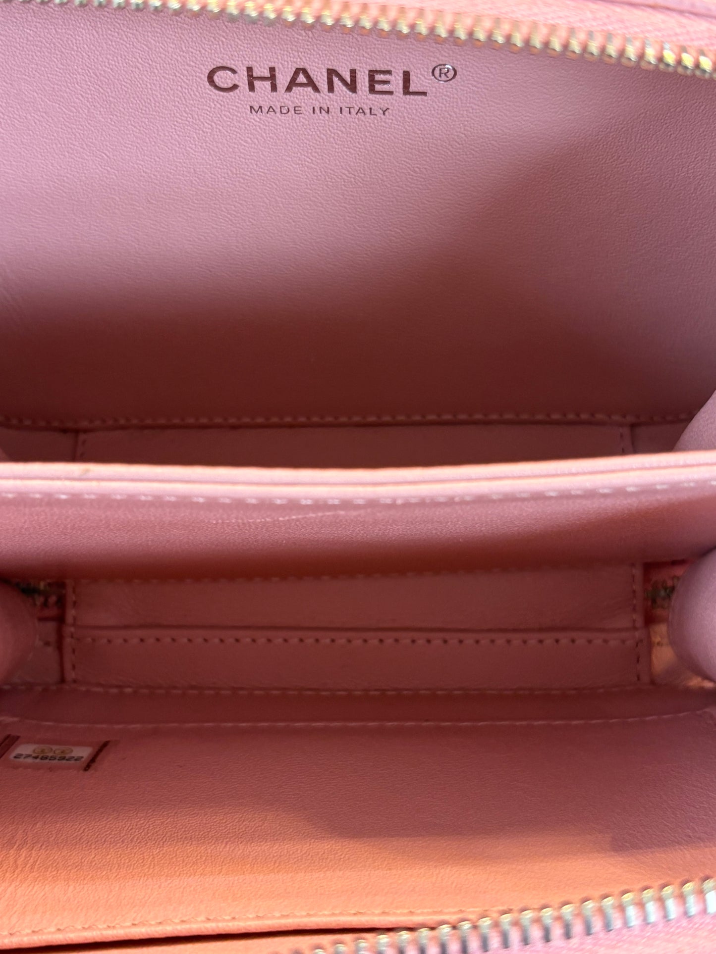 CHANEL Caviar CC Vanity Case Bag Calfskin Quilted Small Filigree Pink White
