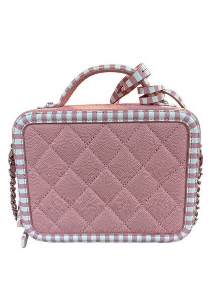 CHANEL Caviar CC Vanity Case Bag Calfskin Quilted Small Filigree Pink White