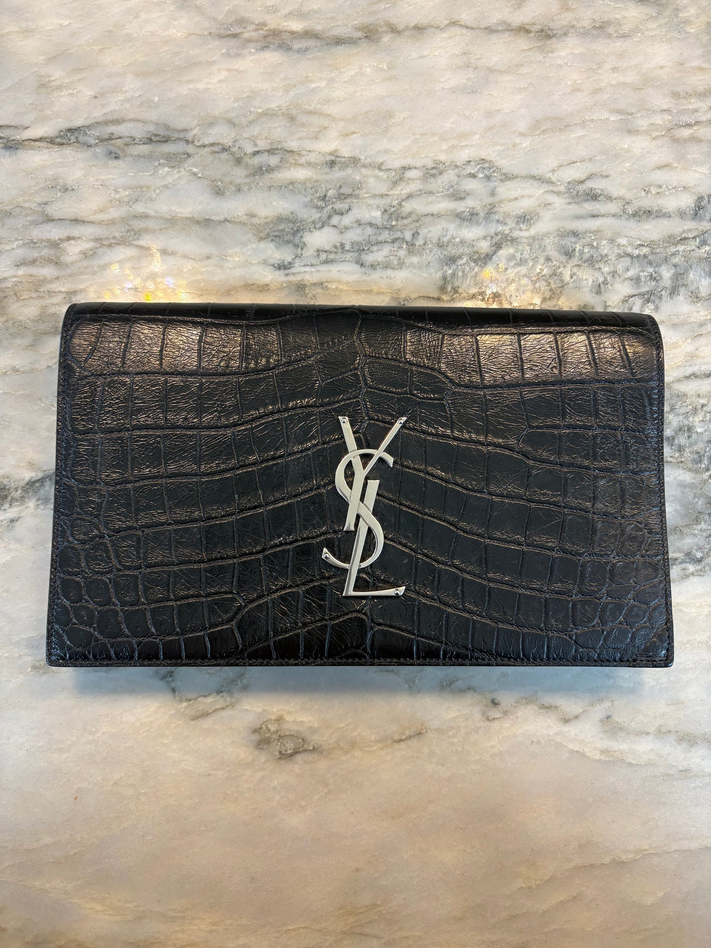 SAINT LAURENT Croc Embossed Black Leather Clutch