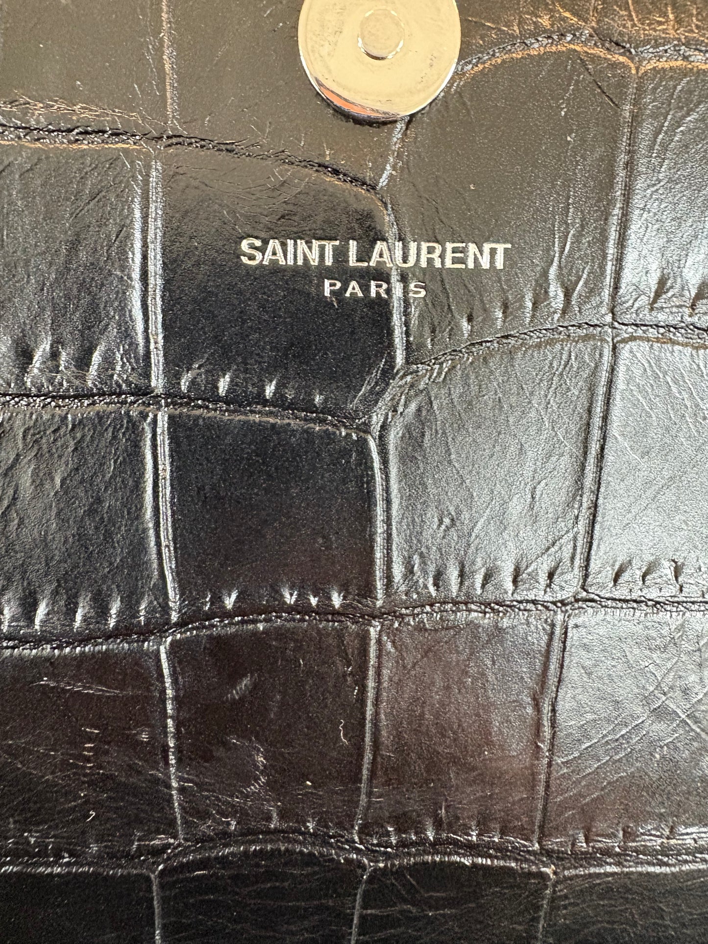 SAINT LAURENT Croc Embossed Black Leather Clutch