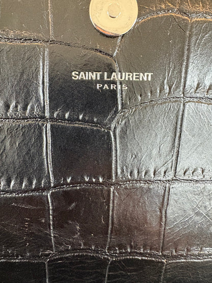 SAINT LAURENT Croc Embossed Black Leather Clutch