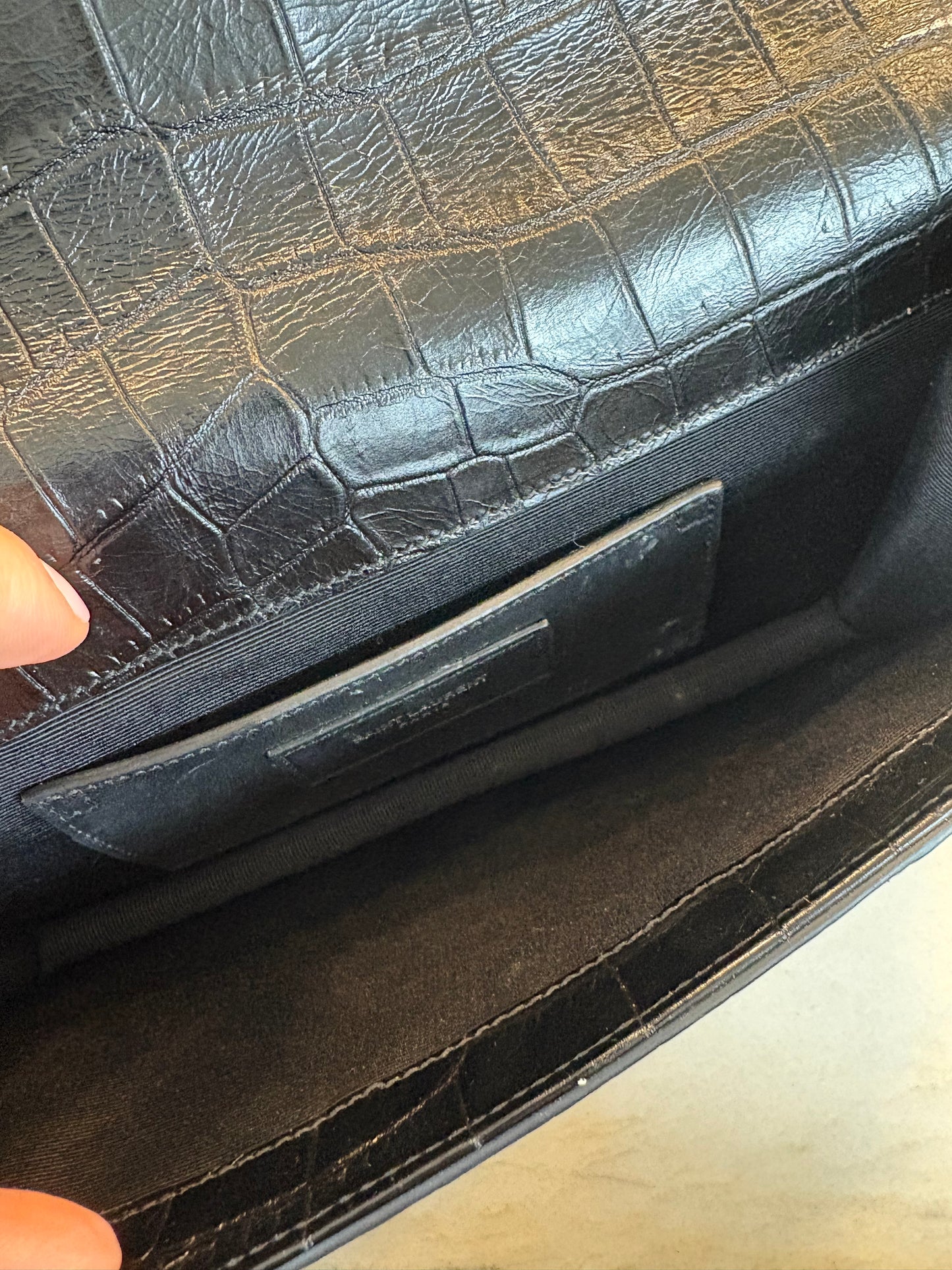 SAINT LAURENT Croc Embossed Black Leather Clutch
