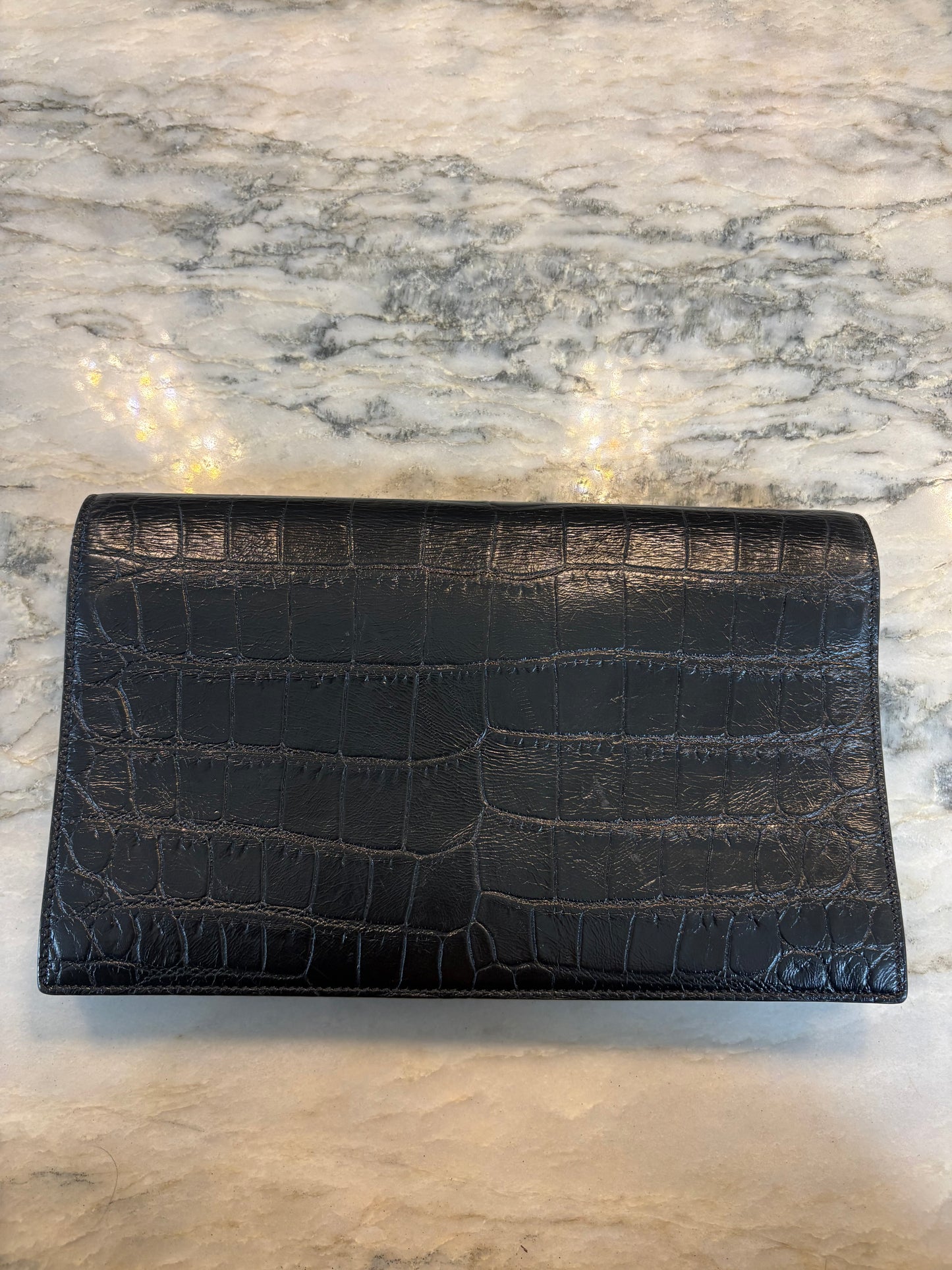 SAINT LAURENT Croc Embossed Black Leather Clutch