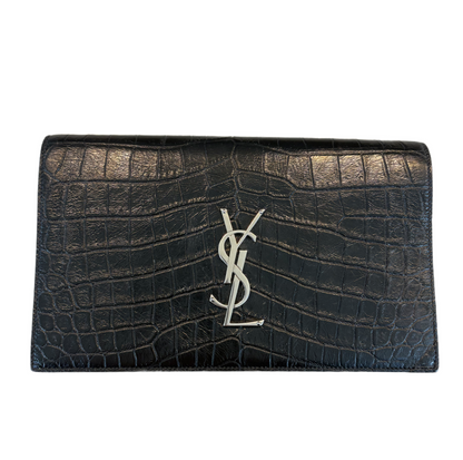 SAINT LAURENT Croc Embossed Black Leather Clutch